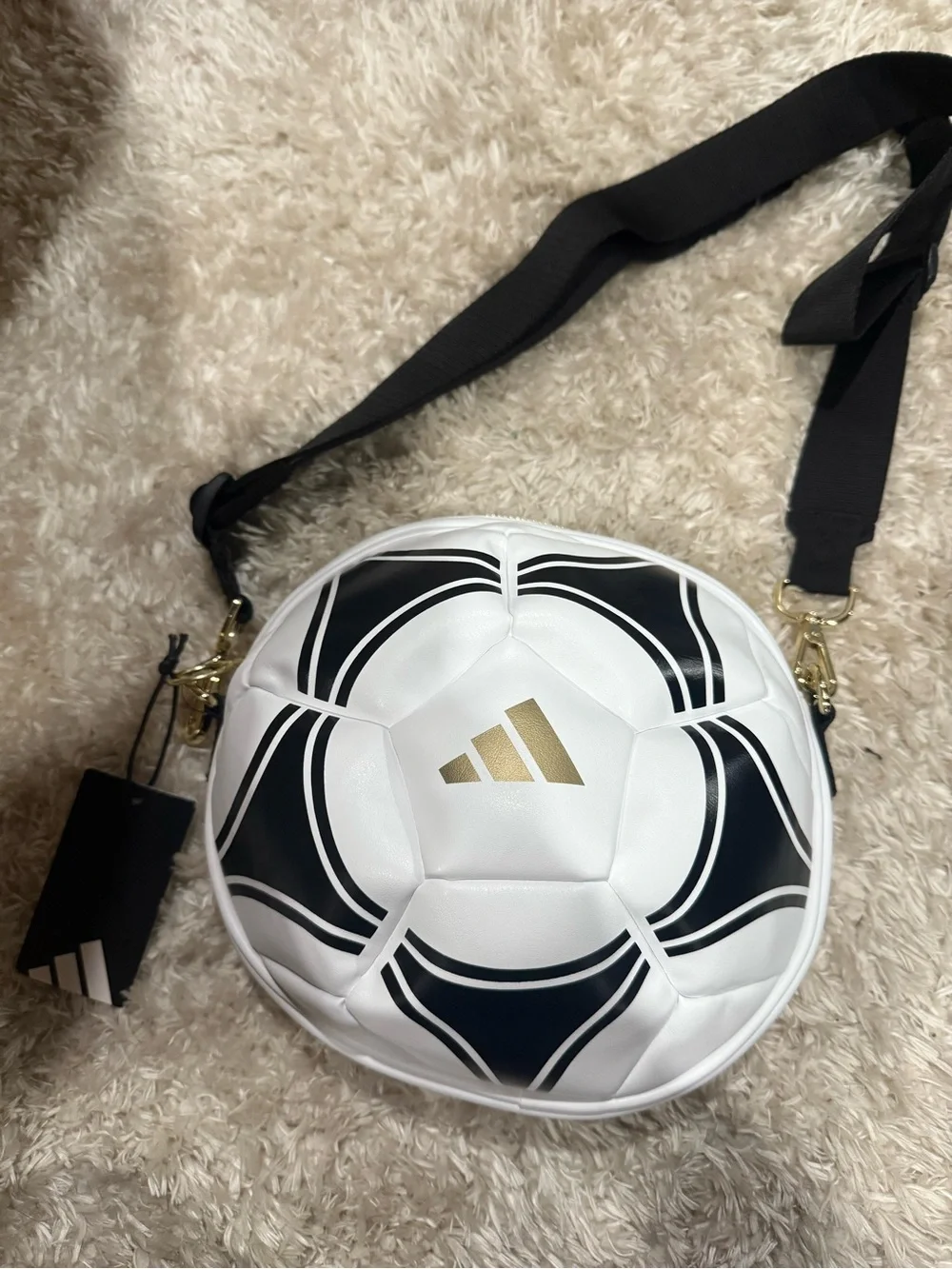 adidas White and Black Soccer Ball Crossbody Bag with Gold Accent